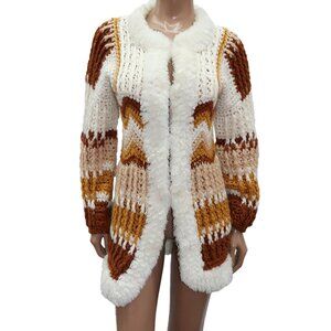 Vintage Chunky Handknit Boho Crochet Sweater Cardigan Jacket S-M